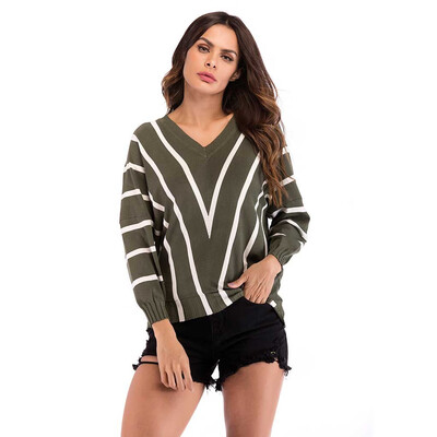 

〖Follure〗Womens V-Neck Stripe Matching Long-Sleeved Slim Sweater Pullover Sweater
