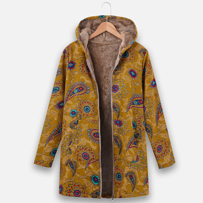 

Toponeto Plus Size Women Vintage Zipper Ethnic Print Hooded Fleece Long Sleeve Coat