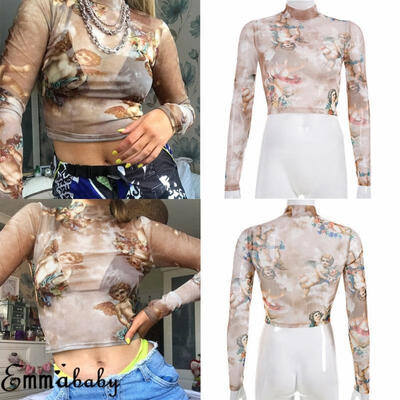 

Women Girls Cupid Print Mesh Sheer Crop Top Long Sleeve Transparent T-Shirt Blouse Tee Tops