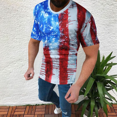 

Toponeto Men 3D Retro Stripes Flag Print Short Sleeves Round Neck Blouse Shirt Tee