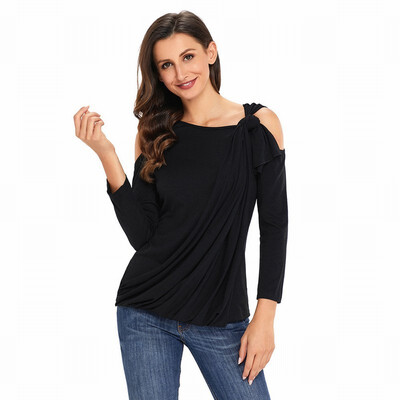 

Slanted shoulder long sleeve solid color casual top