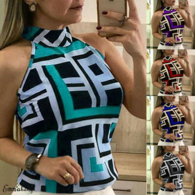 

Womens Plus Size Geometric Floral Print Halter Top Sleeveless Vest Shirt Tops