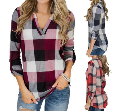 

2019 a large number of spot AliExpress ebay Amazon wish new European&American V-neck plaid printed casual shirt Wine