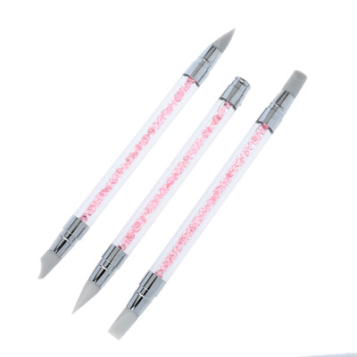

3Pcs Acrylic Handle Rhinestone Nail Art Brushes Silicone Head Carving Salon Tool Set