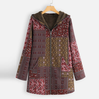 

Toponeto Plus Size Women Winter Warm Printed Pockets Thicker Zipper Hooded Coat Outwear