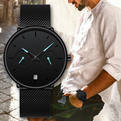 

Gobestart CRRJU Mens Watch Waterproof Calendar Steel Mesh with Chronograph Quartz Watch