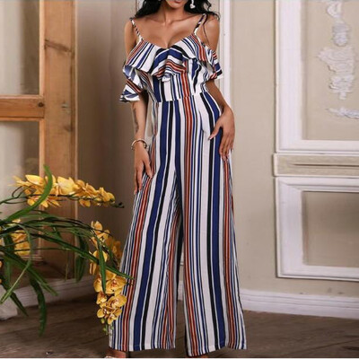 

Starmoon Women Casual Sleeveless Sling Ladies Stripe Ruffled Flounce Long Jumpsuit
