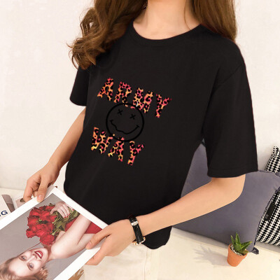 

Womens Korean Style Round Neck Cartoon & Letters Print Half Sleeve Loose T-Shirt