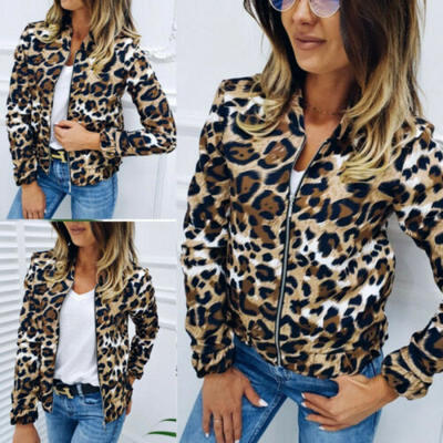 

Women Leopard Loose Zipper Short Coat Jacket Long Sleeve Ladies Slim Fit Outwear