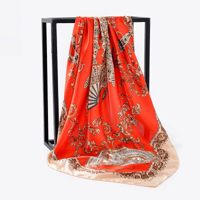 

Chinese style ethnic style satin printing fan square scarf ladies sunscreen shawl silk scarves manufacturers wholesale