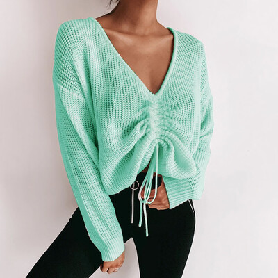 

Gobestart Women Casual Loose Knitting V-Neck Tops Long Sleeve Hollowed Out Sweater