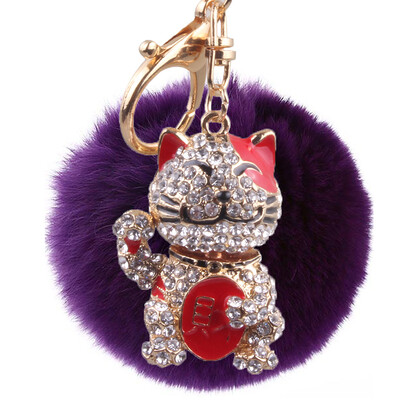

New lucky cat hair ball key chain inlaid color diamond three-dimensional bag pendant car decoration