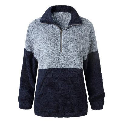 

Women Fashion Pocket Zipper Blouse Woolen Coat Long Sleeve Casual Warm Winter Autumn Loose Tops