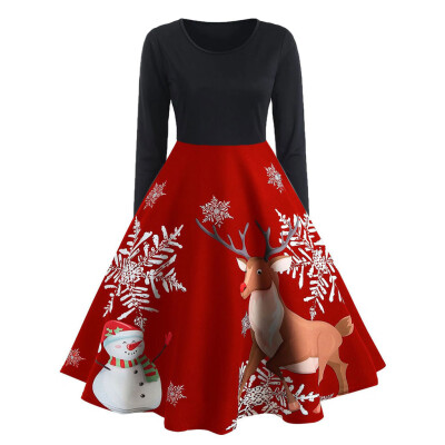 

Tailored Women Vintage Long Sleeve Christmas Print Housewife Evening Party Prom Dress