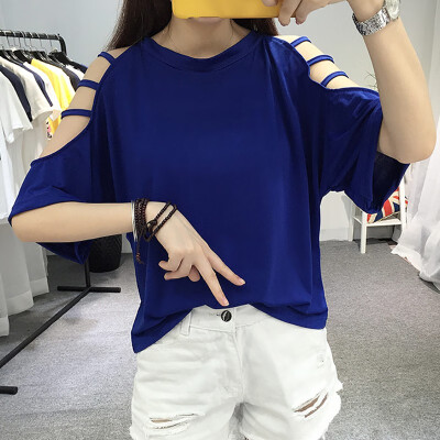 

Womens O-Neck Hollow Out Cold Shoulder Half Sleeve T-Shirt Solid Harajuku Style Cotton Blend Tops