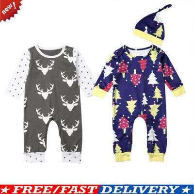 

US New Xmas Infant Baby Boys Girls Kids Deer Christmas Winter Clothes Romper Hat