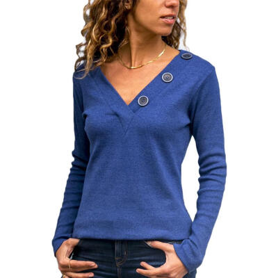 

Autumn V-Neck Women Solid Color Casual Long Sleeve T-shirt Slim Fit Tops