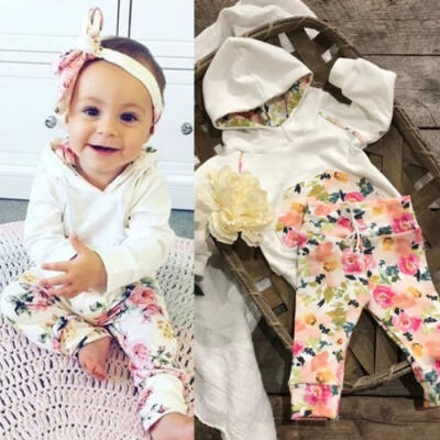 

Kids Baby Girl Heart Stripe Long Sleeve Hooded Top Hoodie Floral Long Pants 2pcs Outfit Clothes Set