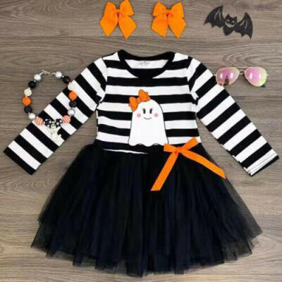 

US Seller Toddler Baby Girl Halloween Striped Print Tulle DressHeadband Outfits