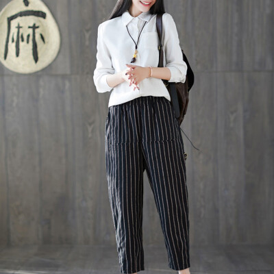 

Tailored Women Casual Striped Print Trousers Pants Trousers Ladies Loose Pants