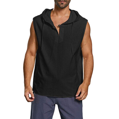 

Toponeto Mens Baggy Cotton Linen Solid Button Beach Sleeveless Hooded Shirt Tank Tops