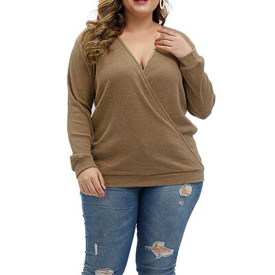 

Gobestart Plus Size Women V-Neck Long Sleeve Solid Wrap Deep Cross Pullover Blouse Tops