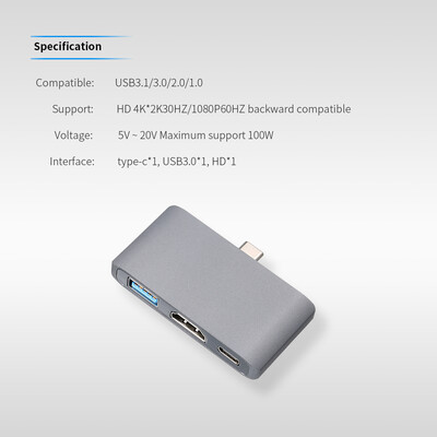 

Type-C to HDUSB31 Multi-port Adapter 3-in-1 Hub Converter 4K UHD Fast Data Transfer for Projector USB Driver Phone Silver