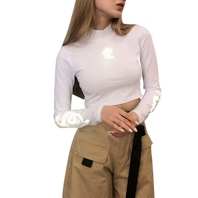 

Women Clothes O-neck Short Reflective Printing T-shirt Autumn Ladies Long Sleeves Exposed Navel T-shirt High Collar Tops Tee