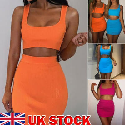

Women 2 Piece Buckle Crop Top Bodycon Skirt Co Ord Set Party Holiday Mini Dress