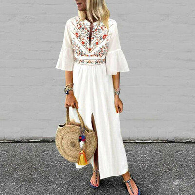 

Women Cotton Linen Maxi Dress Short Sleeve Casual Boho Kaftan Tunic Plus Size