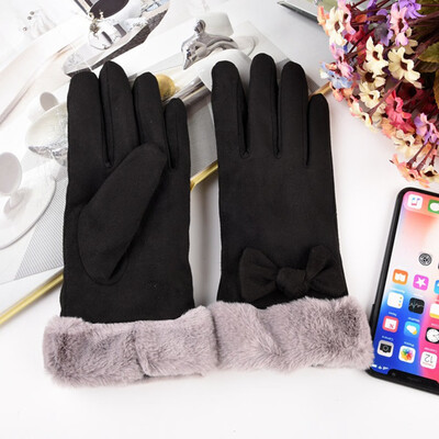 

Winter Female Single Layer Plush Wrist Warm Cashmere Leather Full Finger Mittens Women Touch Screen Driving Gloves