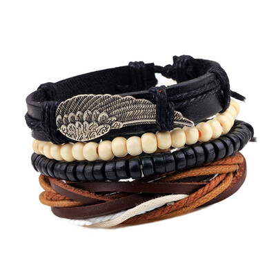 

Alloy Manual Cowhide Leather Wood Beads Weaving Ribbing Bracelet Multiple Roots Combination Suit Unisex Pair Jewellery