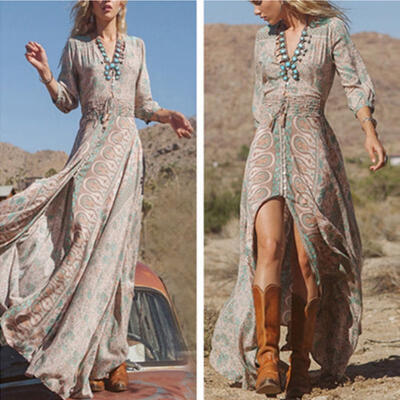 

Women Sexy Boho Summer Casual Chiffon Floral Evening Party Beach Long Maxi Dress