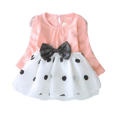 

Autumn Girl Dress with Bow Cute Dot Evening Dress Princess Birthday Party Mesh Kids Baby Dresses