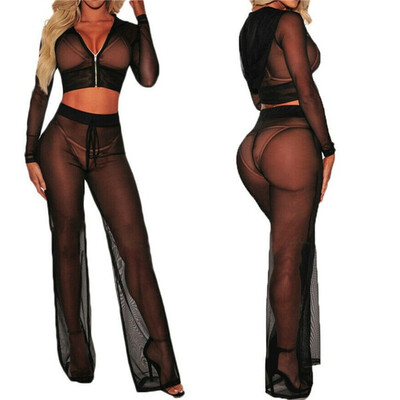 

Women Sheer Mesh Bikini Crop TopPants Cover Up Long Sleeve Swimwear Beach