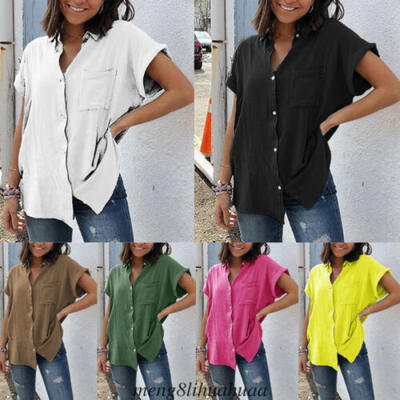 

Womens Solid Loose Button Short Shirt Cotton Ladies Casual Tops T-Shirt Blouse