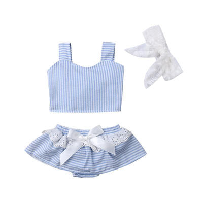 

Newborn Baby Girl Short Top Striped Lace Bow Skirts Headband Outfit Summer 0-24M