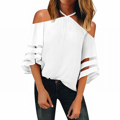 

Shirt Womens sense hanging neck trumpet cuff stitching mesh loose top