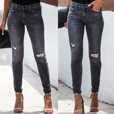 

Tailored Fashion Womens Hole Button Zipper Pocket Jeans Frayed Casual Denim Trouser Pants