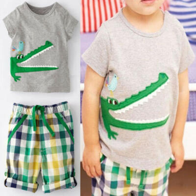 

2PCS Summer Toddler Kid Boy Crocodile T-shirt Plaid Pant Outfits Sets Clothes