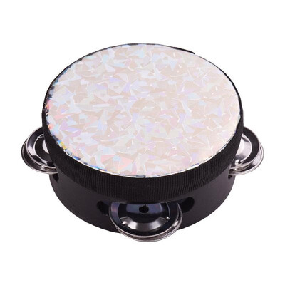 

6 Inch Wooden Radiant Tambourine Handbell Hand Drum with Single Row Jingles Shining Reflective Drum Head Percussion Instrument Toy