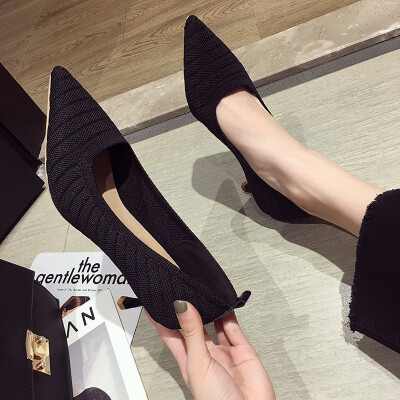 

Mingyuanfeng High-heeled Shoes Female Fine-heeled Korean Version Baitao Work Shoes Tip Knitted Fairy Single Shoes