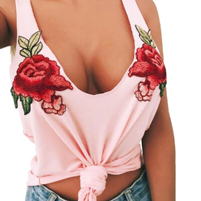 

Sexy Fashion Women Vest Crop Top Floral Embroidery Scoop Neck Sleeveless Casual Blouse