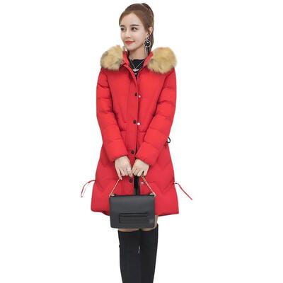 

Winter Women Fur Collar Hooded Long Jacket Slim Fit Zipper Thick Parkas