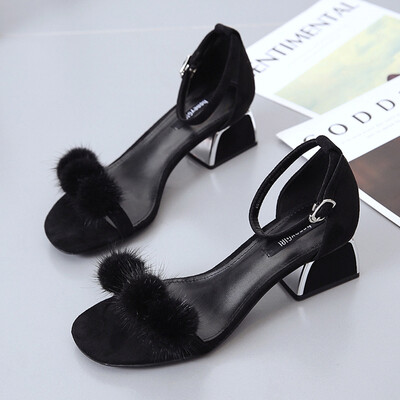 

Sandals Girl Summer Rough heel with open toes Sweet Lady Medium heel fairy hair ball naked high heels