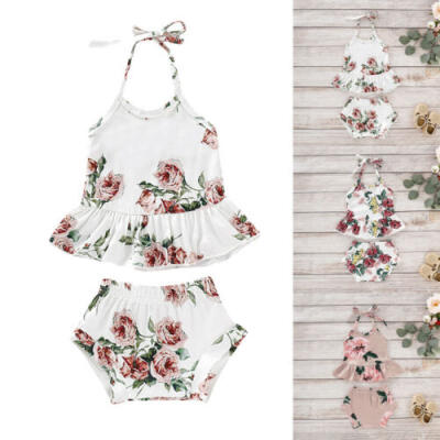 

US Infant Baby Girl Clothes Flower Sleeveless Halter Tops Shorts 2PCS Outfit Set