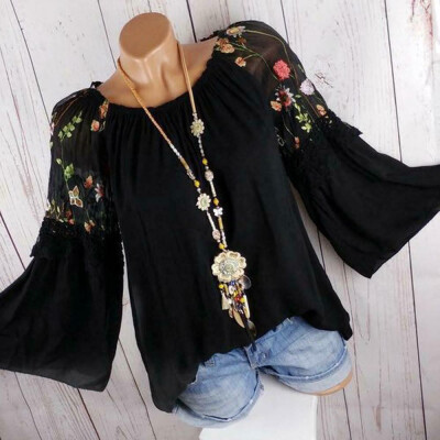 

Plus Size Women Retro Boho Floral Blouse Long Bell Sleeve Top Ladies Tunic Shirt