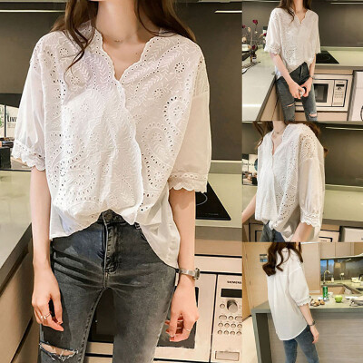 

Women Top Hollow Lace T-shirt Half Sleeve Solid Color Wave Side Female Loose V-neck Top shirt camisetas verano mujer