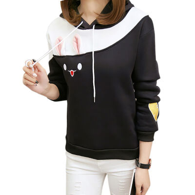 

EFINNY Women Rabbit Embroidered Hoodies Casual Loose Patchwork Color Hooded Tops Warm Long Sleeve Pullovers