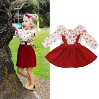 

Kids Girl Long Sleeve Floral T-shirtSuspender Skirt Outfit Set